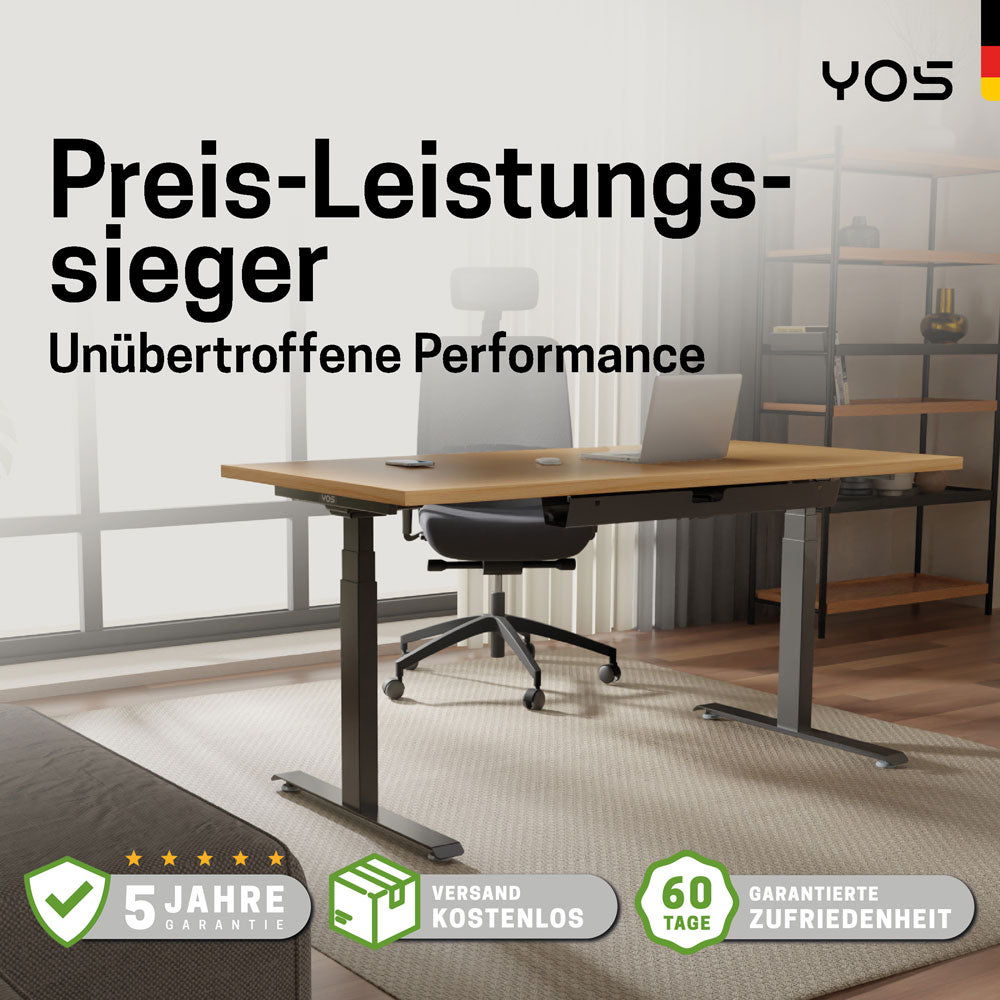 YOS T5 "SOFORT" Schreibtisch höhenverstellbar | 64,5 bis 129,5 cm Arbeitshöhe | bis 200 cm Breite