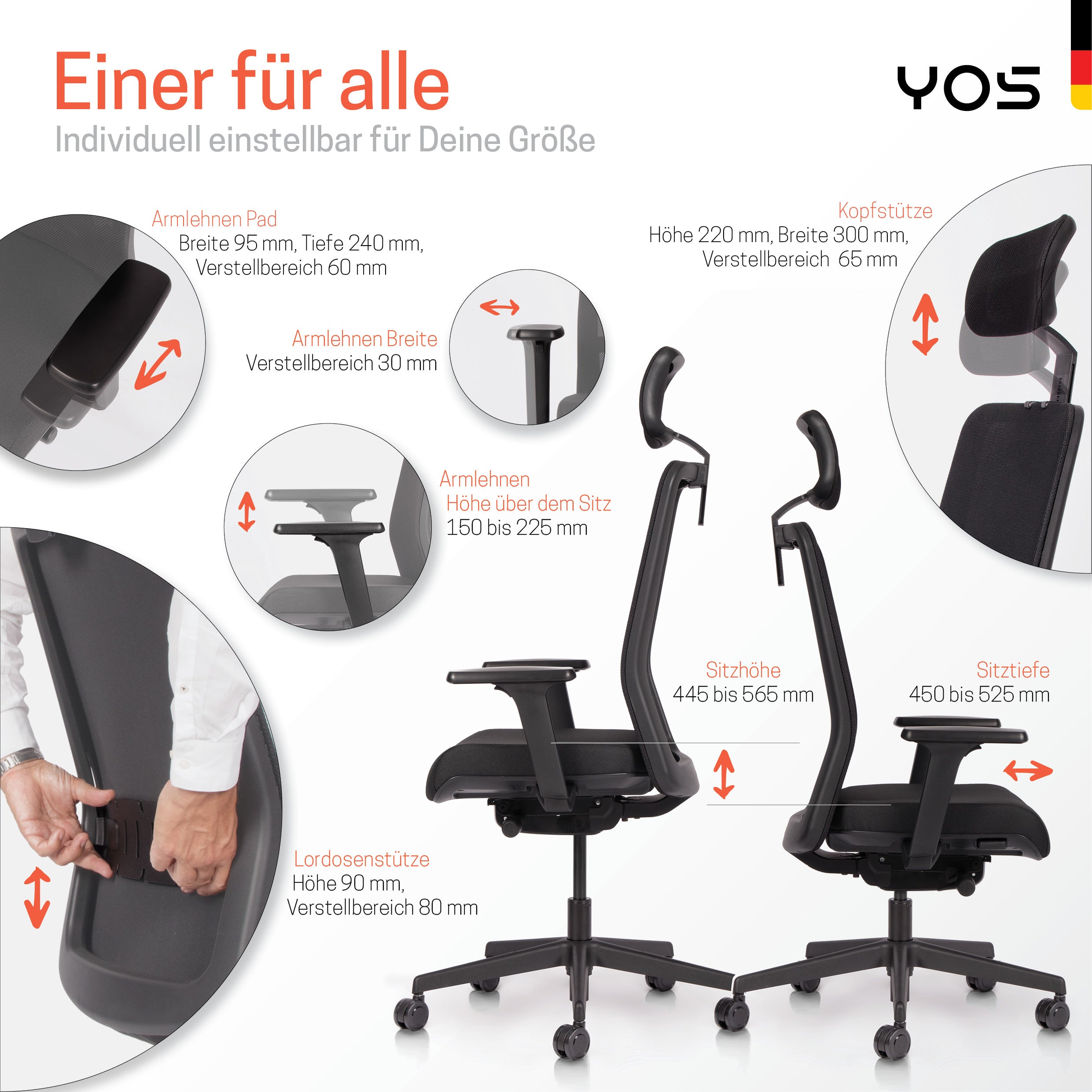 YOS S5 ergonomischer Bürostuhl | Kopfstütze | Perfektion aus Deutschland | Netzrücken
