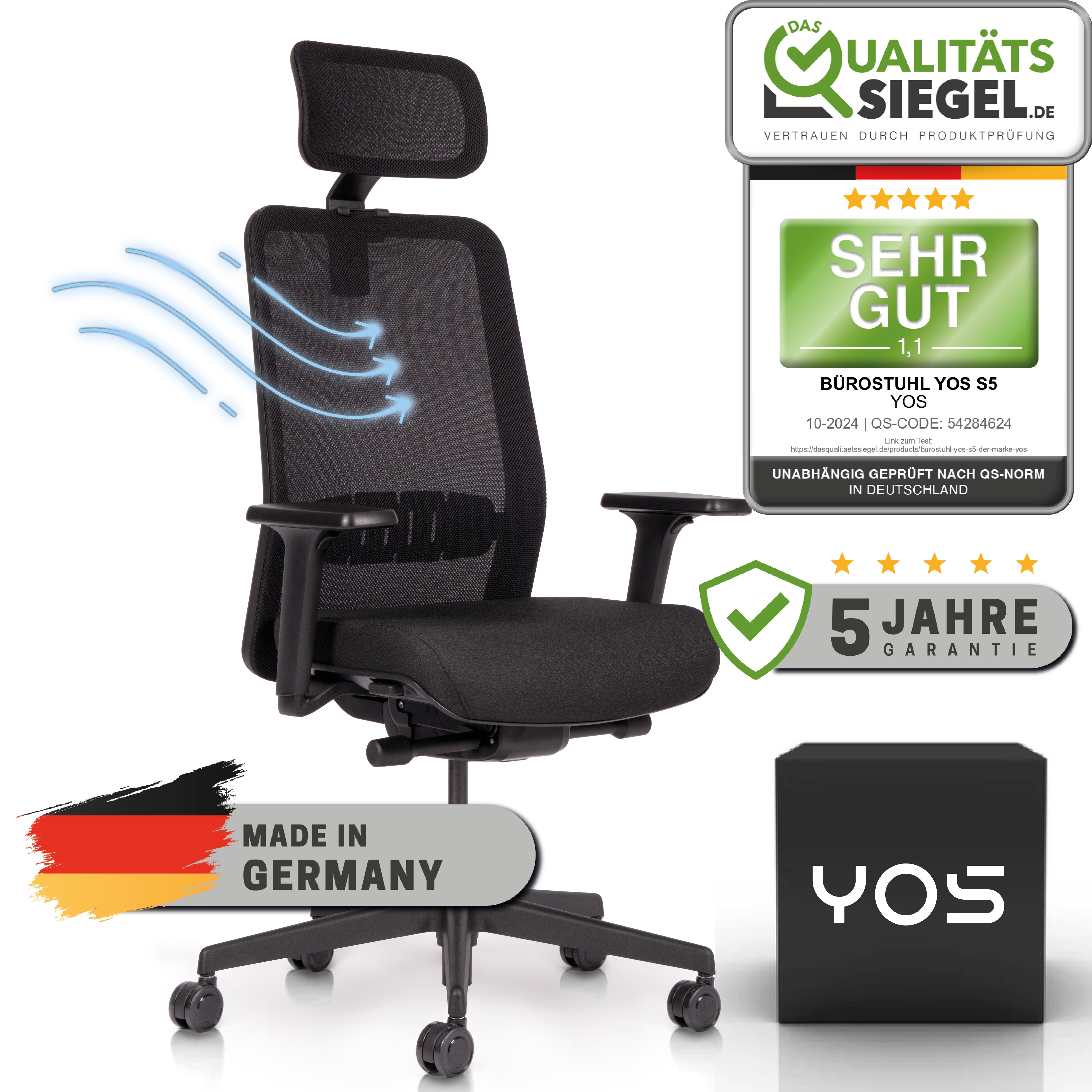 YOS S5 ergonomischer Bürostuhl | Kopfstütze | Perfektion aus Deutschland | Netzrücken