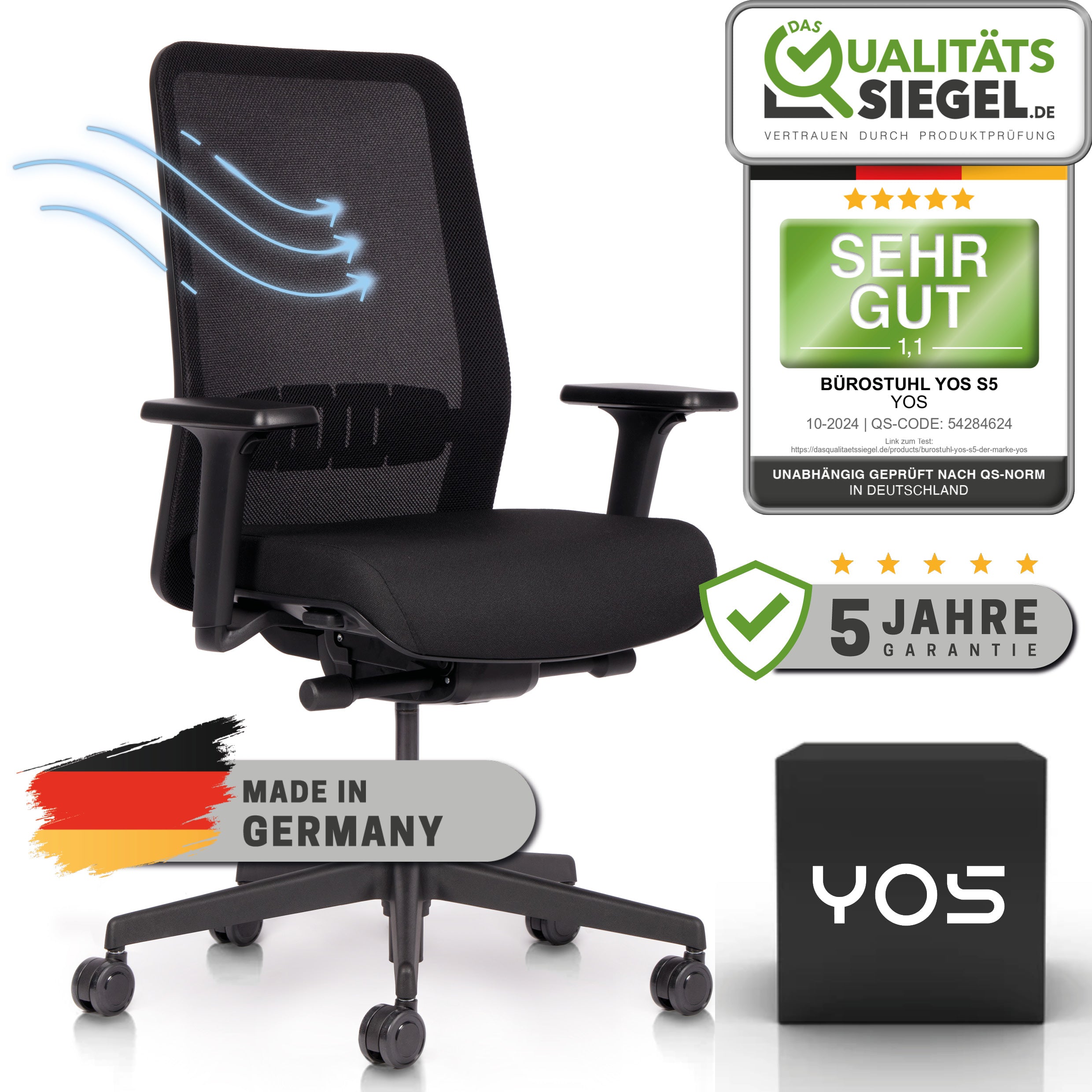 YOS S4 ergonomischer Bürostuhl | Aktiver Rücken gegen Rückenschmerzen | Perfektion aus Deutschland | Netzrücken