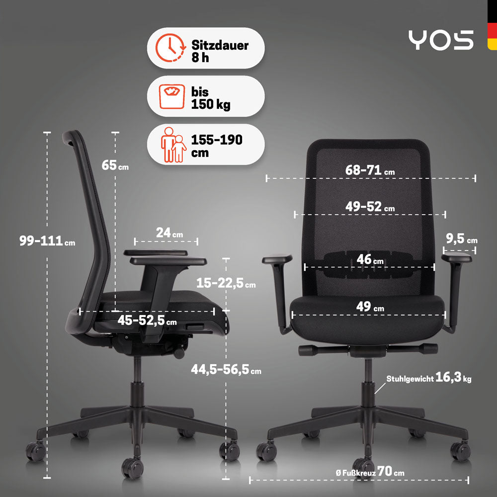 YOS S4 ergonomischer Bürostuhl | Aktiver Rücken gegen Rückenschmerzen | Perfektion aus Deutschland | Netzrücken