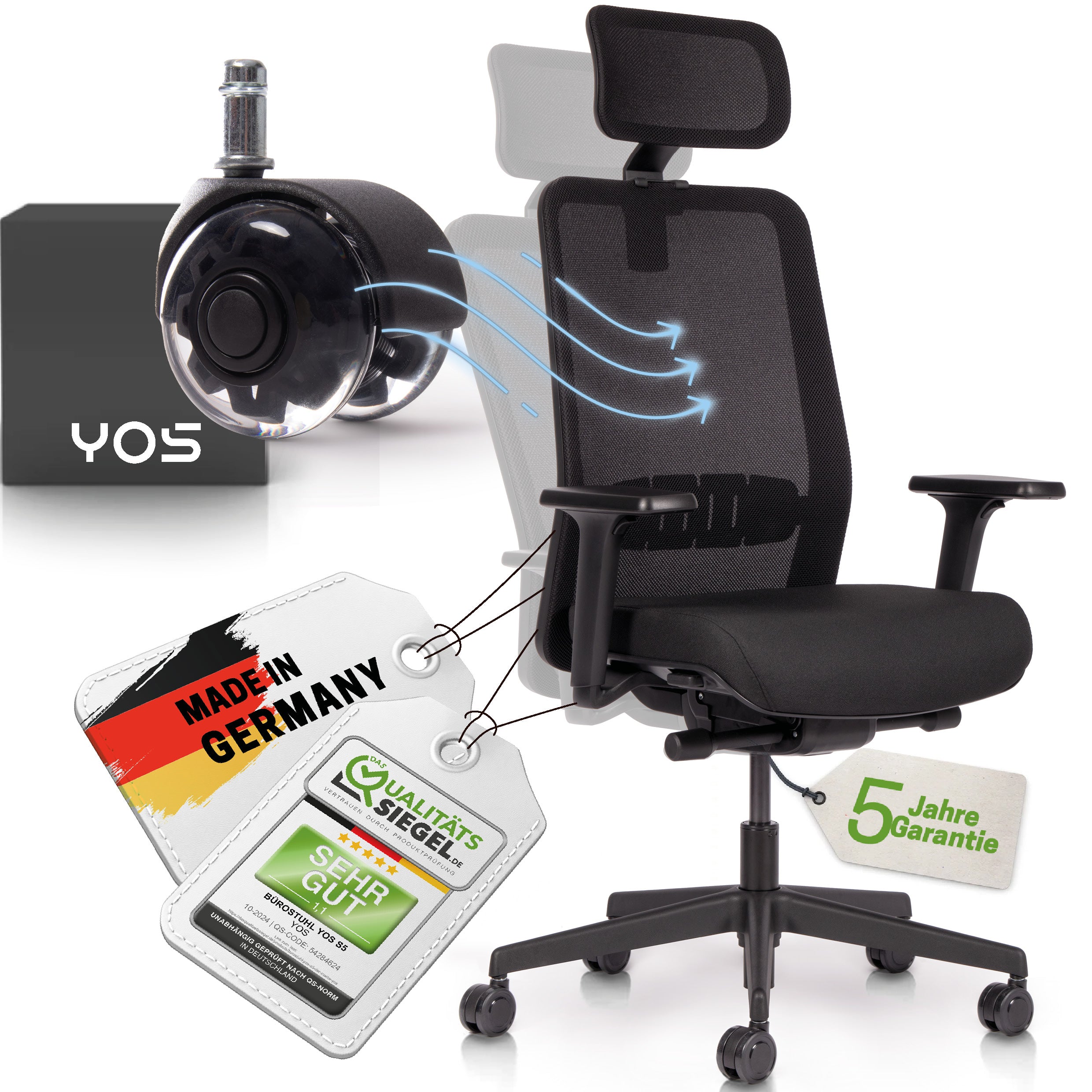YOS S5 ergonomischer Bürostuhl | Blade Wheels | mit Kopfstütze