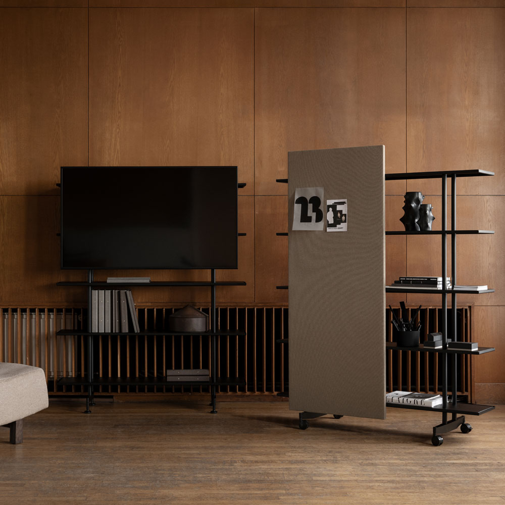 LINTEX A08. Regal Schwarz | Glas Whiteboard | Raumteiler mobil | Schallabsorber | Magnetisches Whiteboard