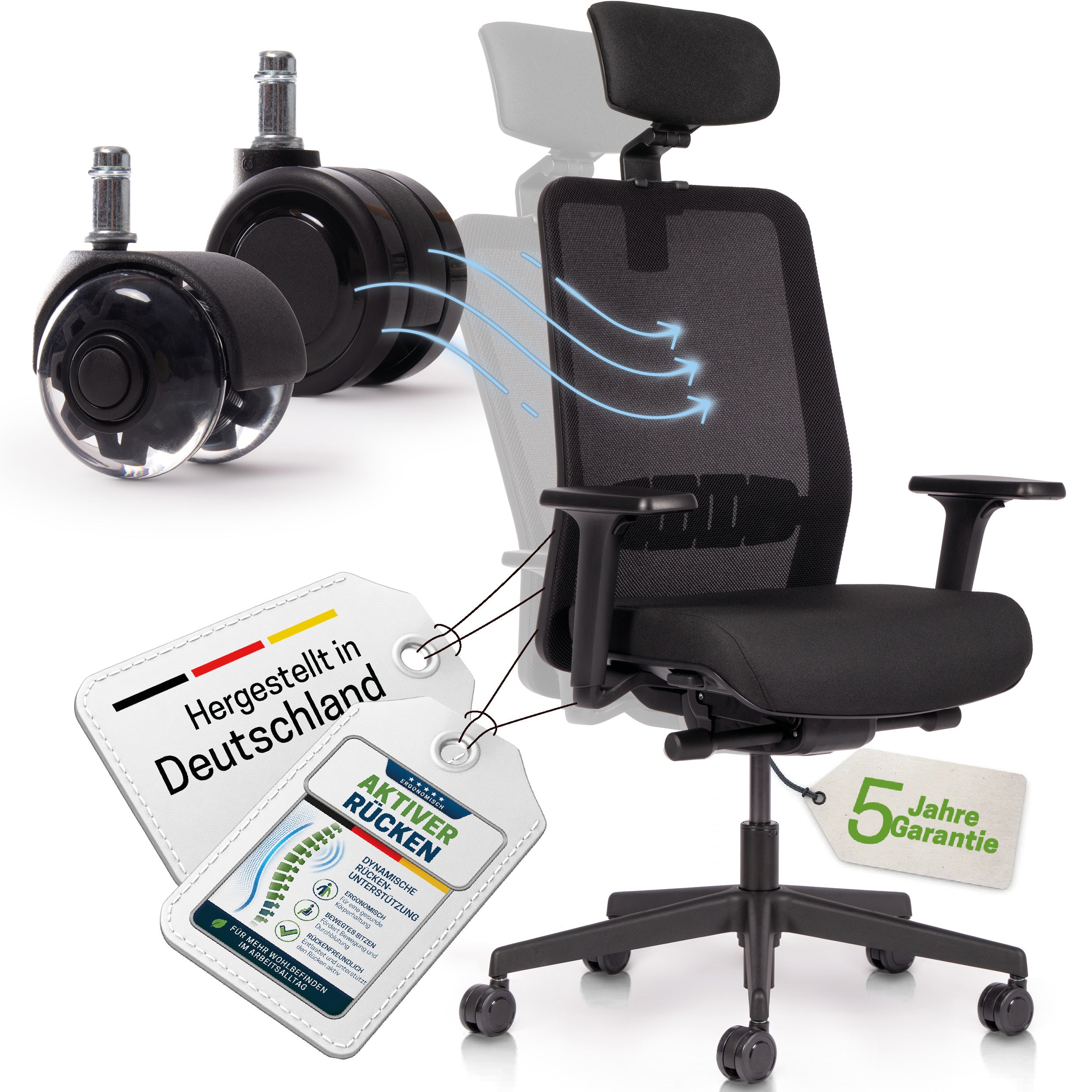 YOS S5 Bürostuhl mit Kopfstütze & Blade Wheels, Schreibtischstuhl