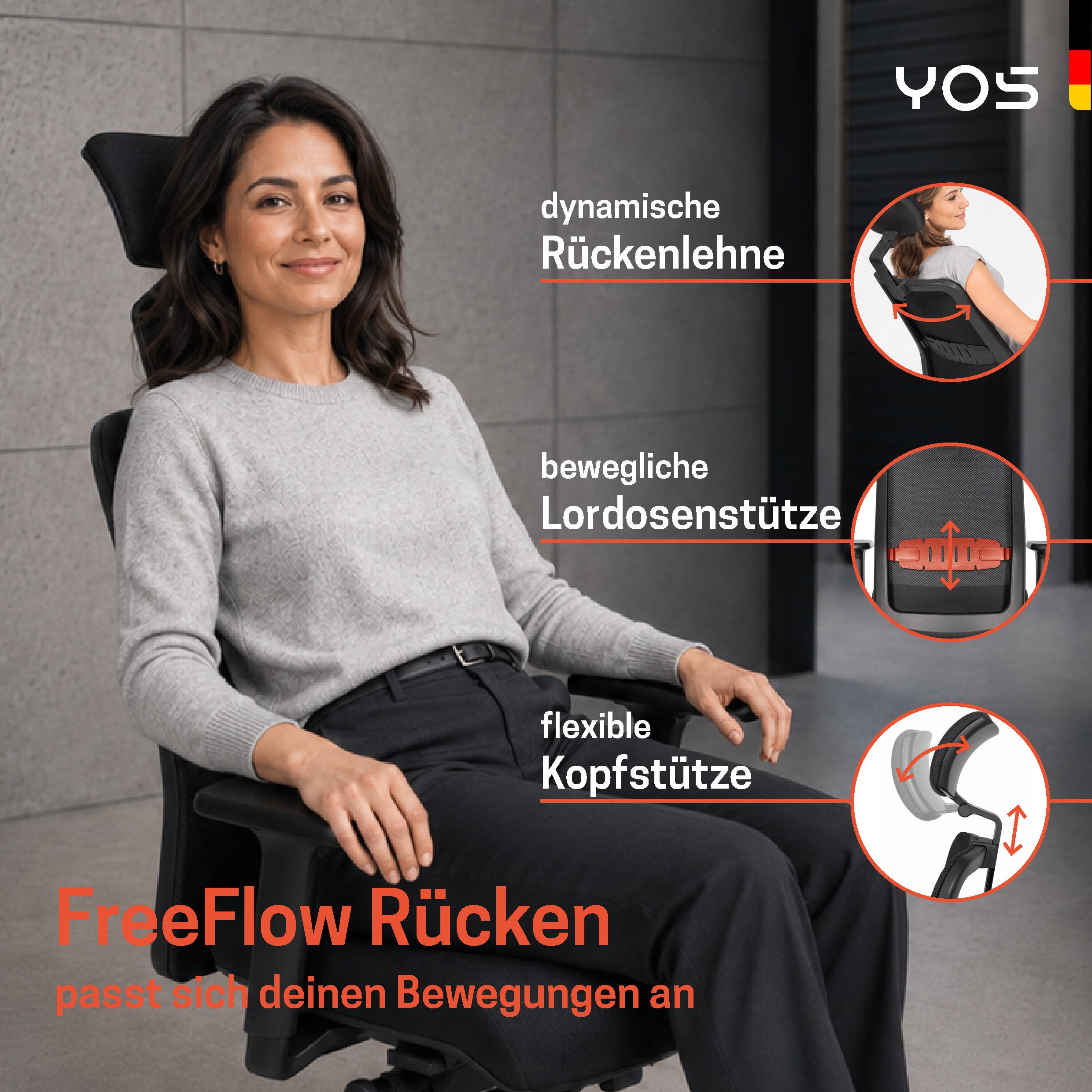 YOS S5 ergonomischer Bürostuhl mit Kopfstütze, Schreibtischstuhl