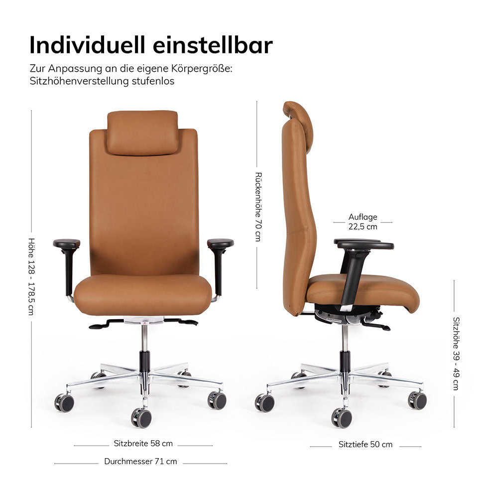 Ergonomischer Bürostuhl XL Agilis AG12 Leder - ergonomischer Schwerlaststuhl bis 200 KG - Auf Rechnung kaufen