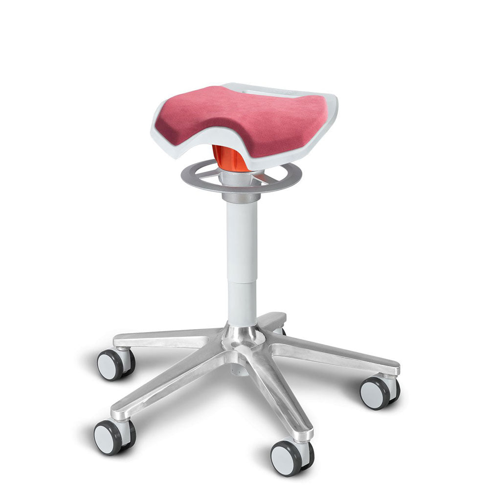 KÖHL ONGO Roll Sattel | Polster Stoff | Weiss Alu | ergonomischer Sitzhocker | Arbeitshocker | Sattelhocker