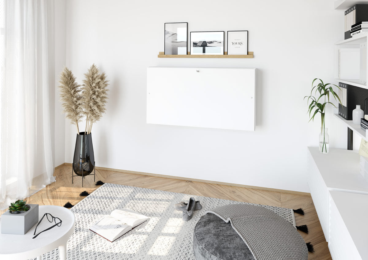 Wandschreibtisch-wohnzimmer-klappbar-schreibtisch-wenig platz-tisch-zuhause arbeiten-flach-wand-tisch-weiß