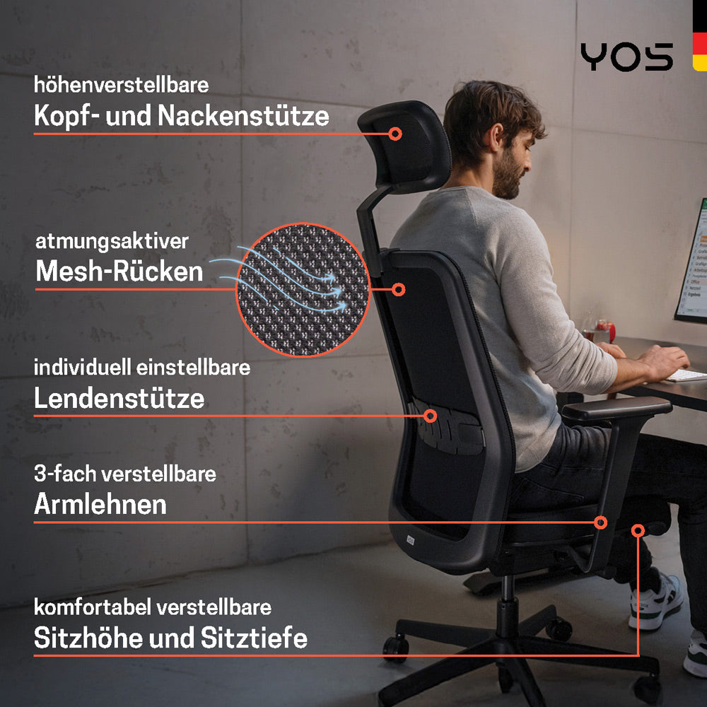 YOS S5 ergonomischer Bürostuhl | Kopfstütze | Perfektion aus Deutschland | Netzrücken