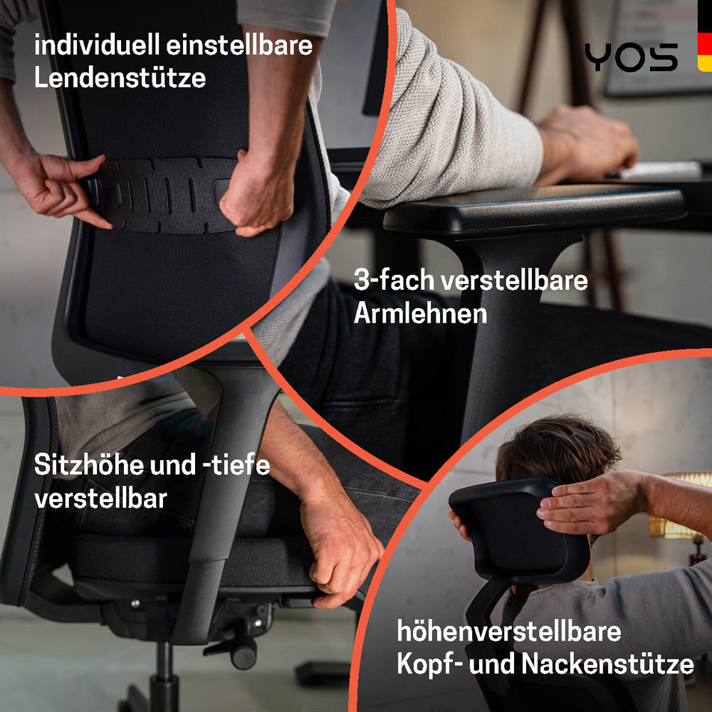 YOS S5 ergonomischer Bürostuhl | Kopfstütze | Perfektion aus Deutschland | Netzrücken