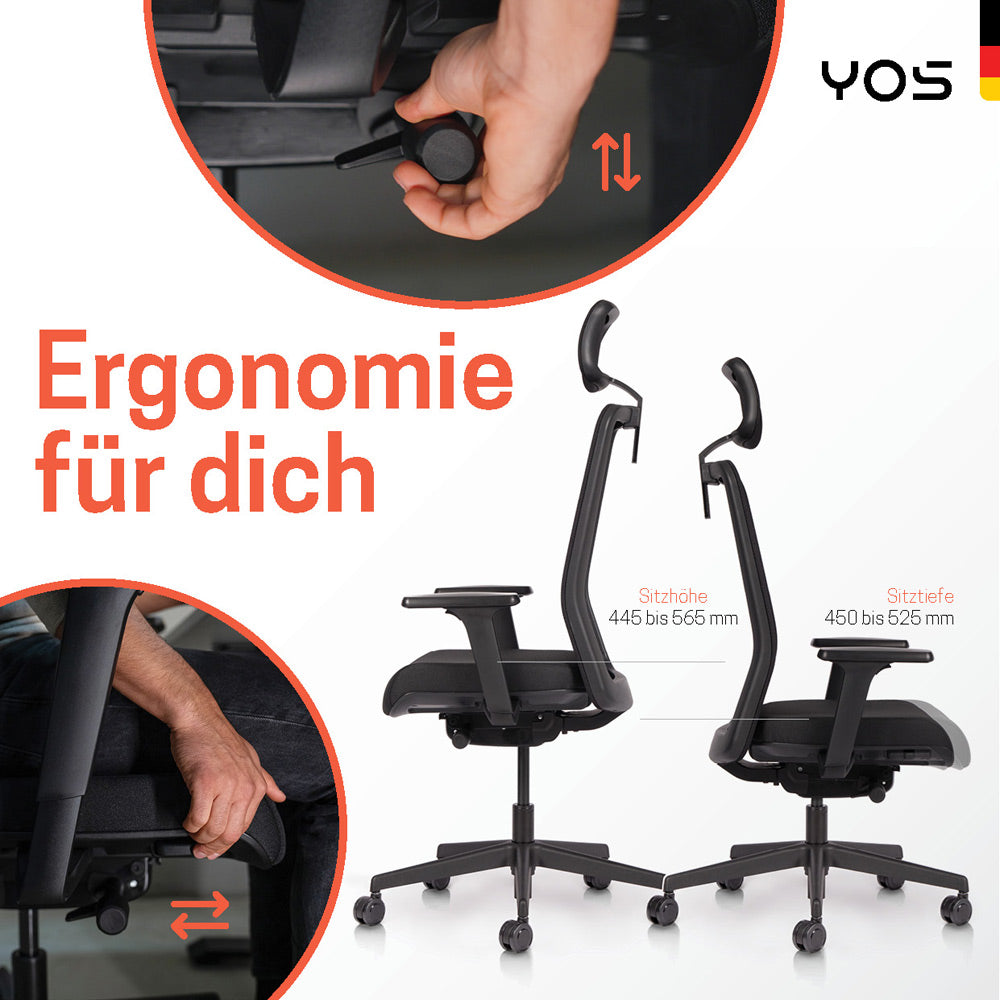 YOS S5 ergonomischer Bürostuhl | Kopfstütze | Perfektion aus Deutschland | Netzrücken