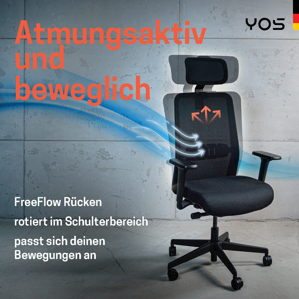 YOS S5 ergonomischer Bürostuhl | Kopfstütze | Perfektion aus Deutschland | Netzrücken