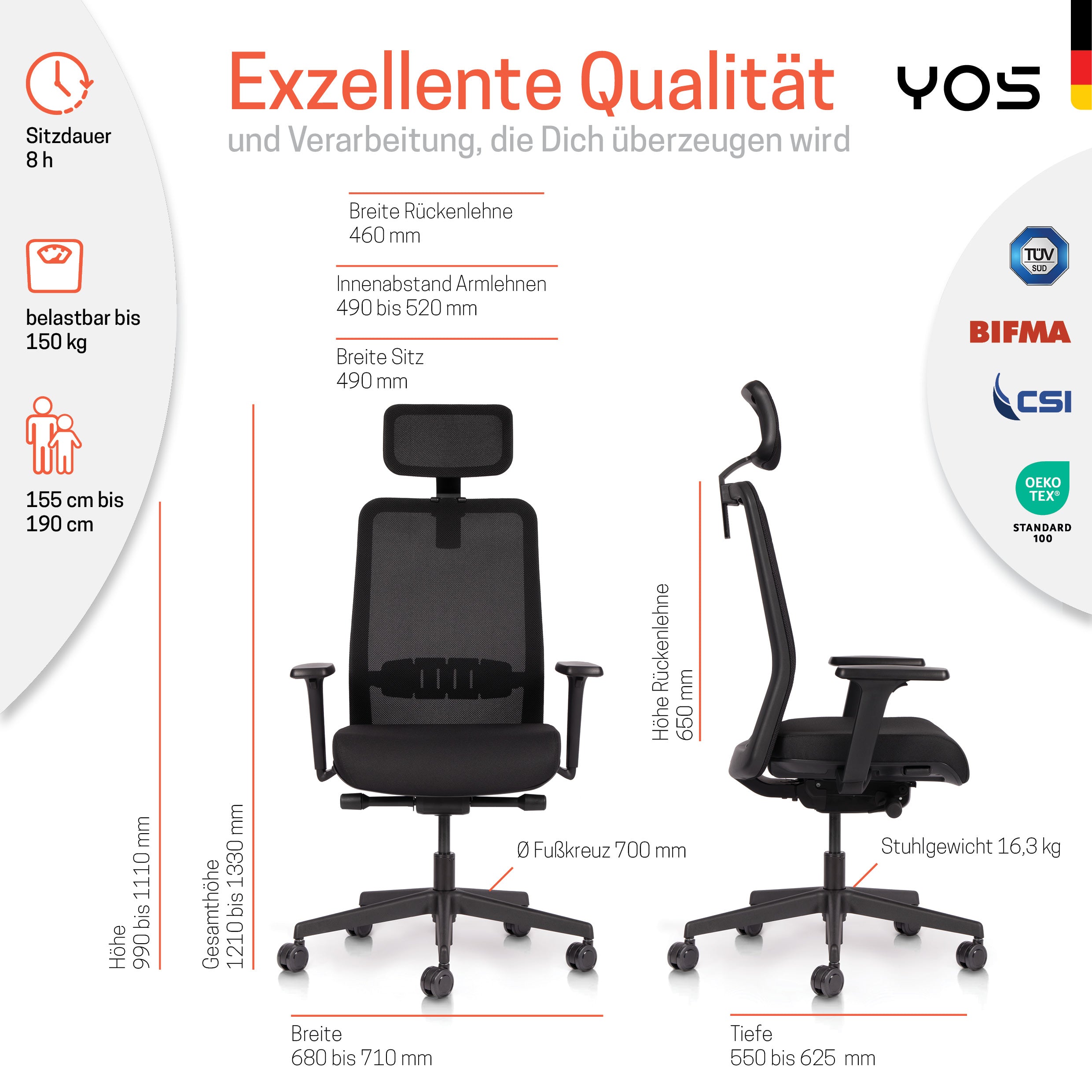 YOS S5 ergonomischer Bürostuhl | Kopfstütze | Perfektion aus Deutschland | Netzrücken