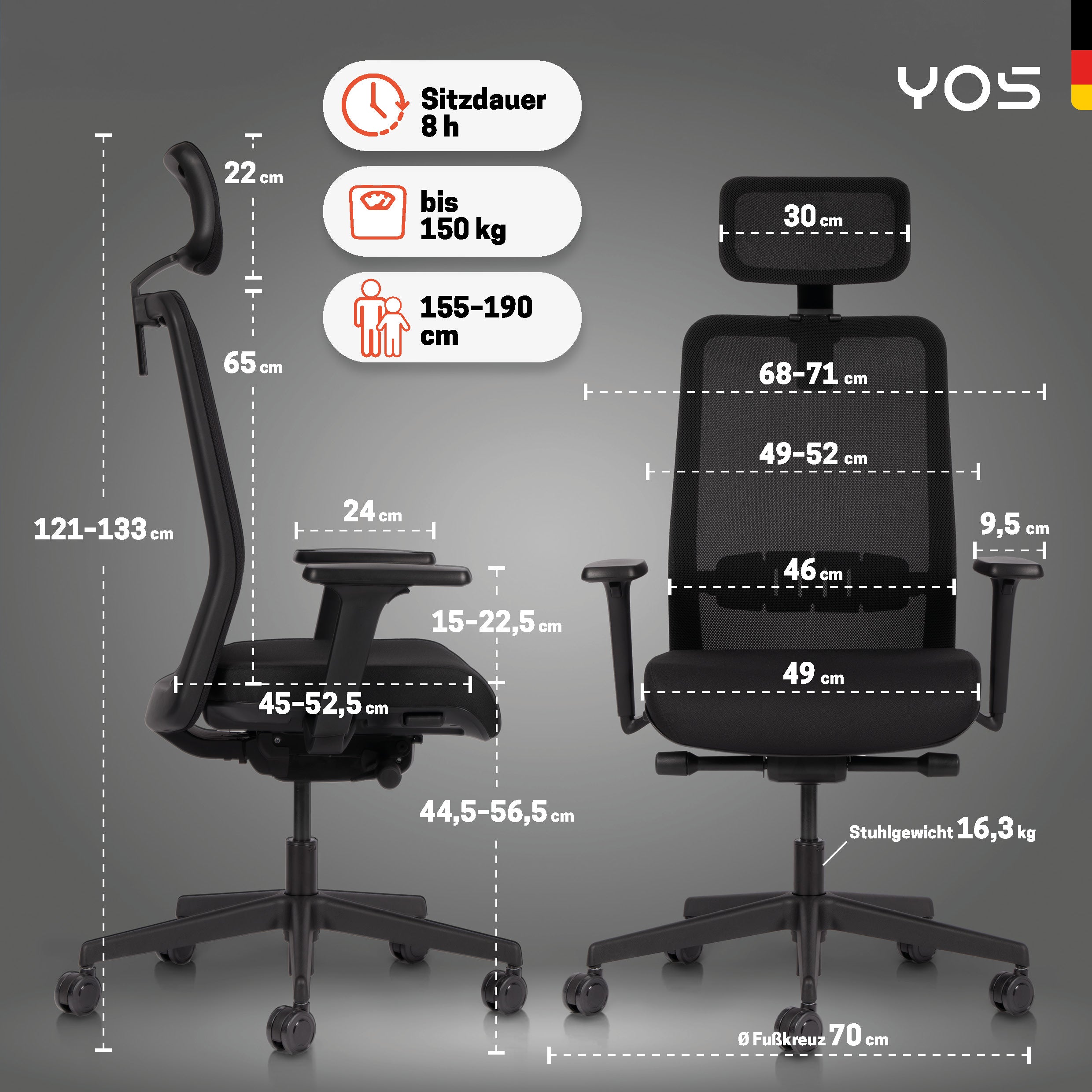 YOS S5 ergonomischer Bürostuhl | Kopfstütze | Perfektion aus Deutschland | Netzrücken