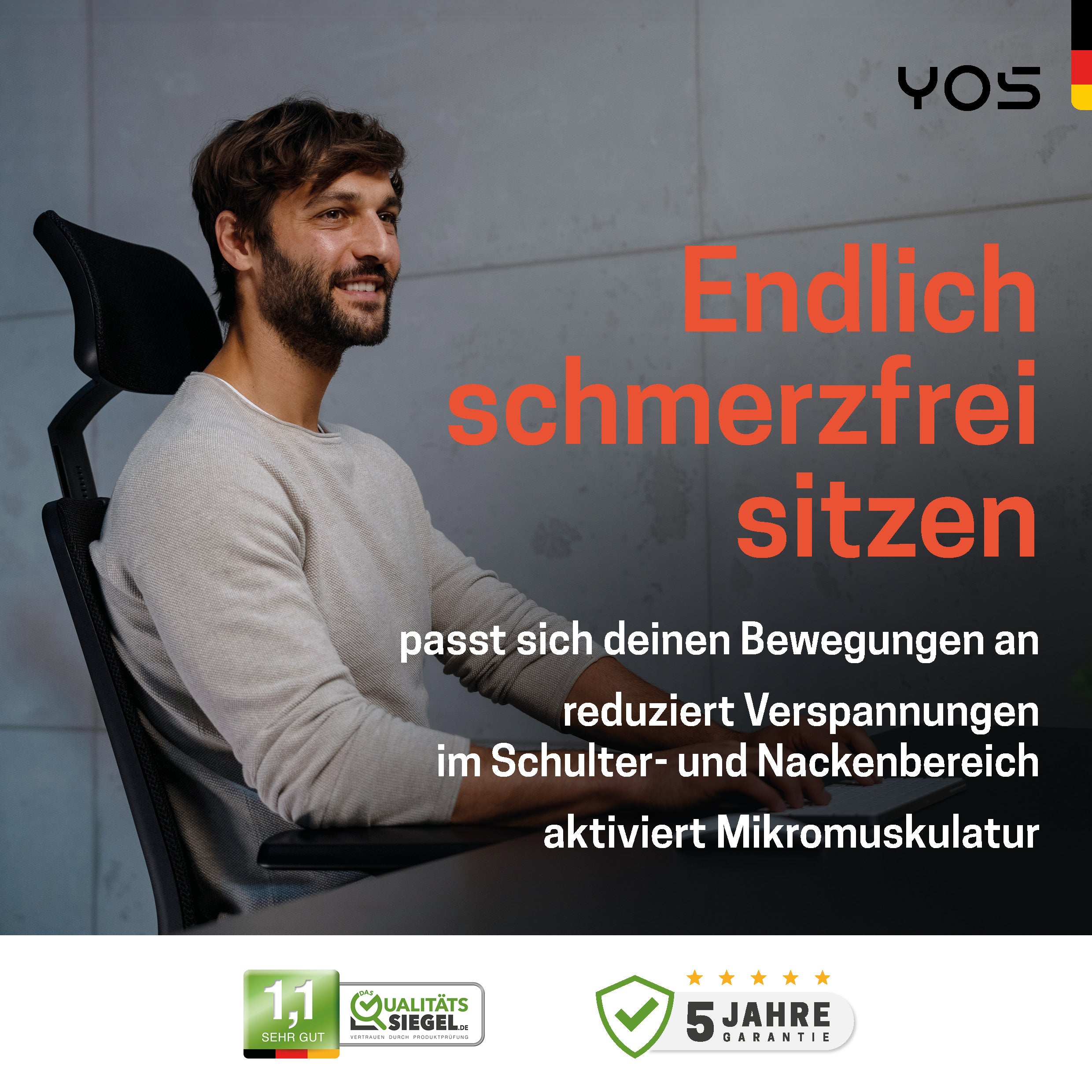 YOS S5 ergonomischer Bürostuhl | Kopfstütze | Perfektion aus Deutschland | Netzrücken