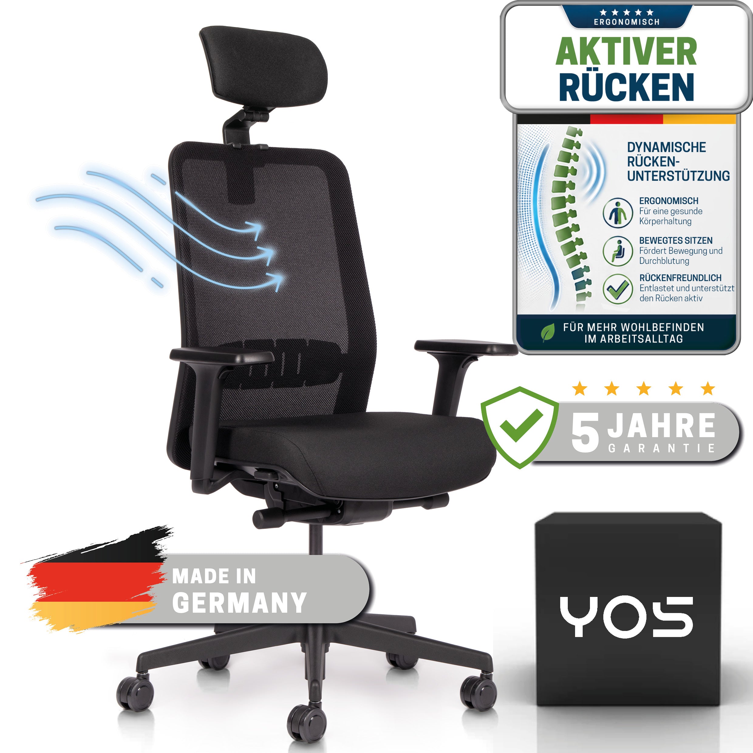 YOS S5 ergonomischer Bürostuhl mit Kopfstütze, Schreibtischstuhl