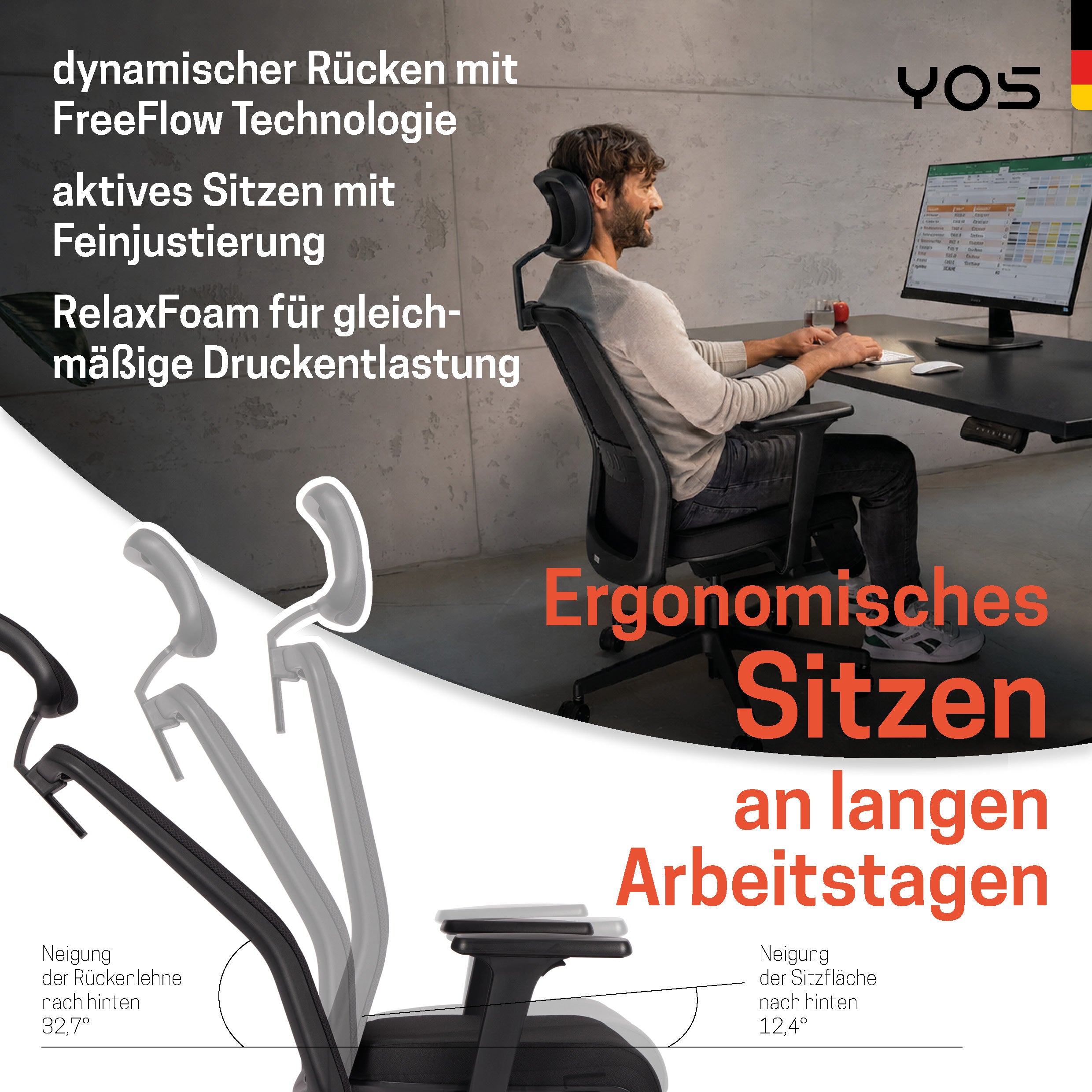 YOS S5 ergonomischer Bürostuhl mit Kopfstütze, Schreibtischstuhl