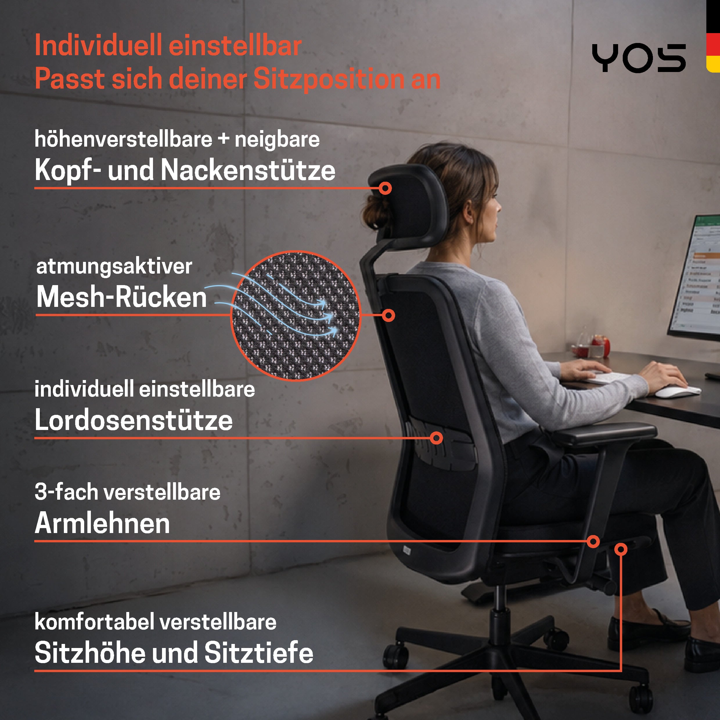 YOS S5 ergonomischer Bürostuhl mit Kopfstütze, Schreibtischstuhl