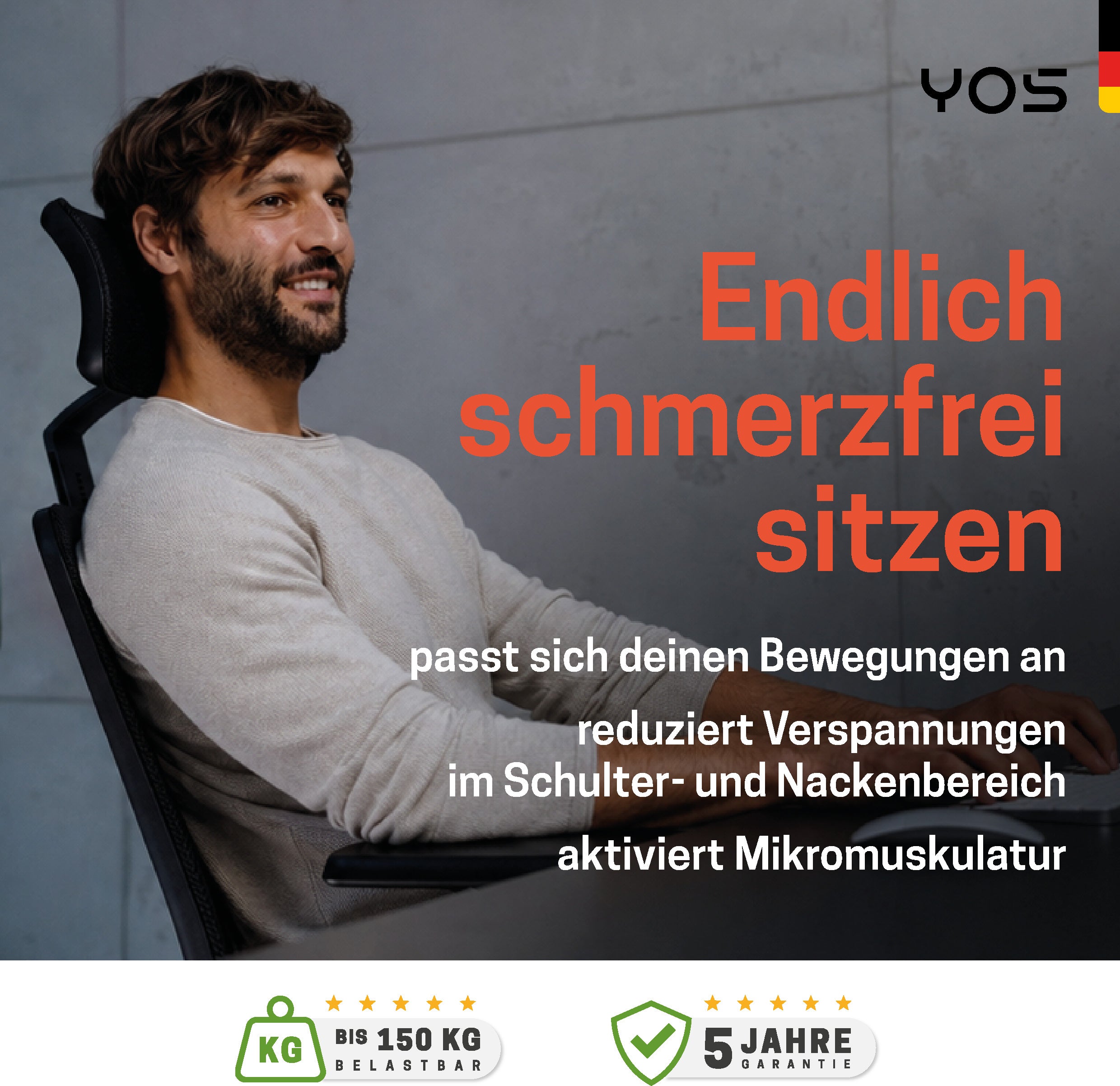 YOS S5 ergonomischer Bürostuhl mit Kopfstütze, Schreibtischstuhl