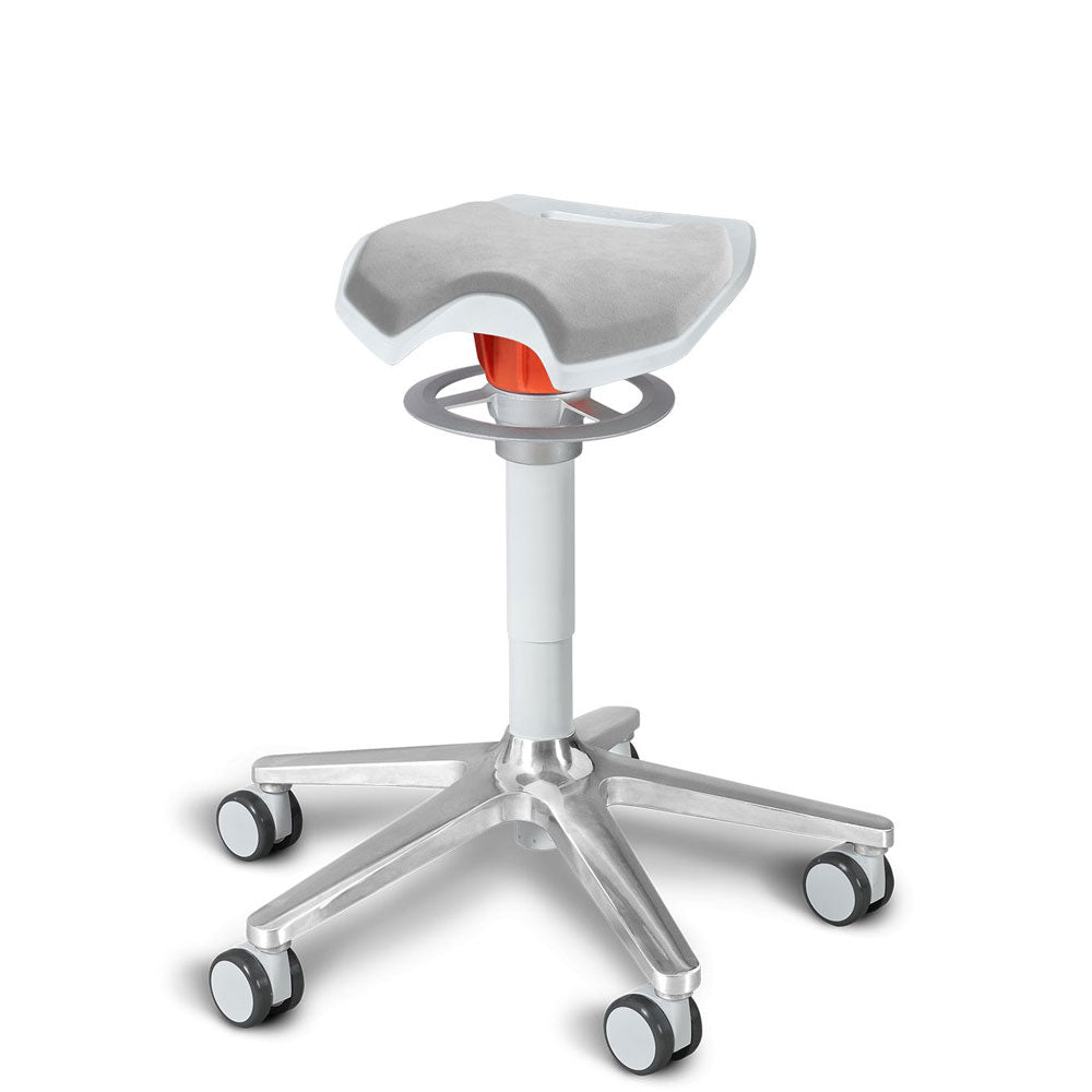 KÖHL ONGO Roll Sattel | Polster Stoff | Weiss Alu | ergonomischer Sitzhocker | Arbeitshocker | Sattelhocker