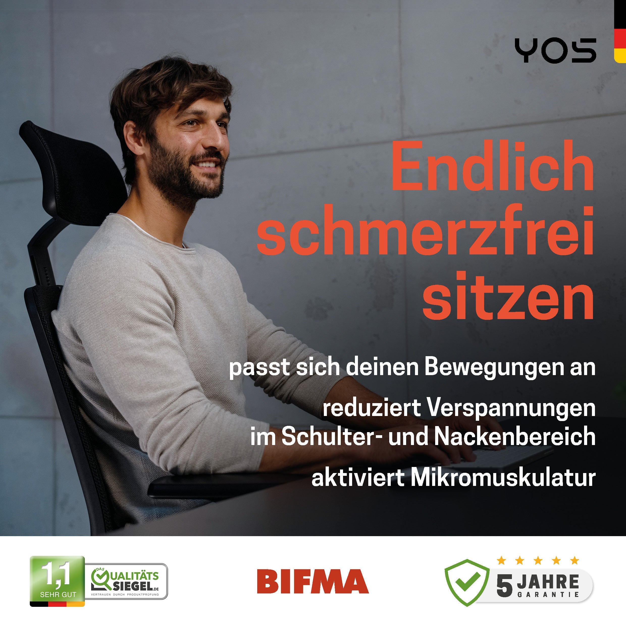 YOS S5 ergonomischer Bürostuhl | Kopfstütze | Perfektion aus Deutschland | Netzrücken