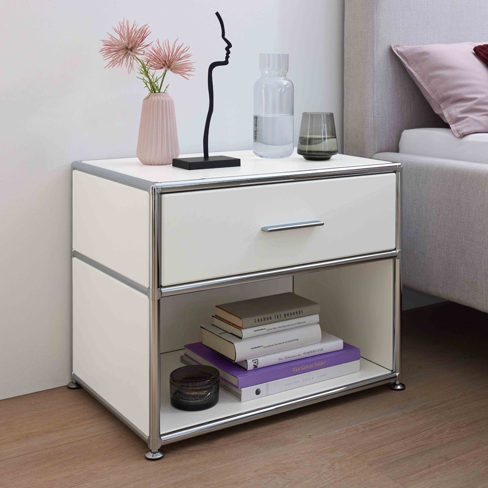 Bosse Solutions Nachttisch | Weiß Chrom | Tiefpreis Garantie | 1 Schublade | Frei Haus