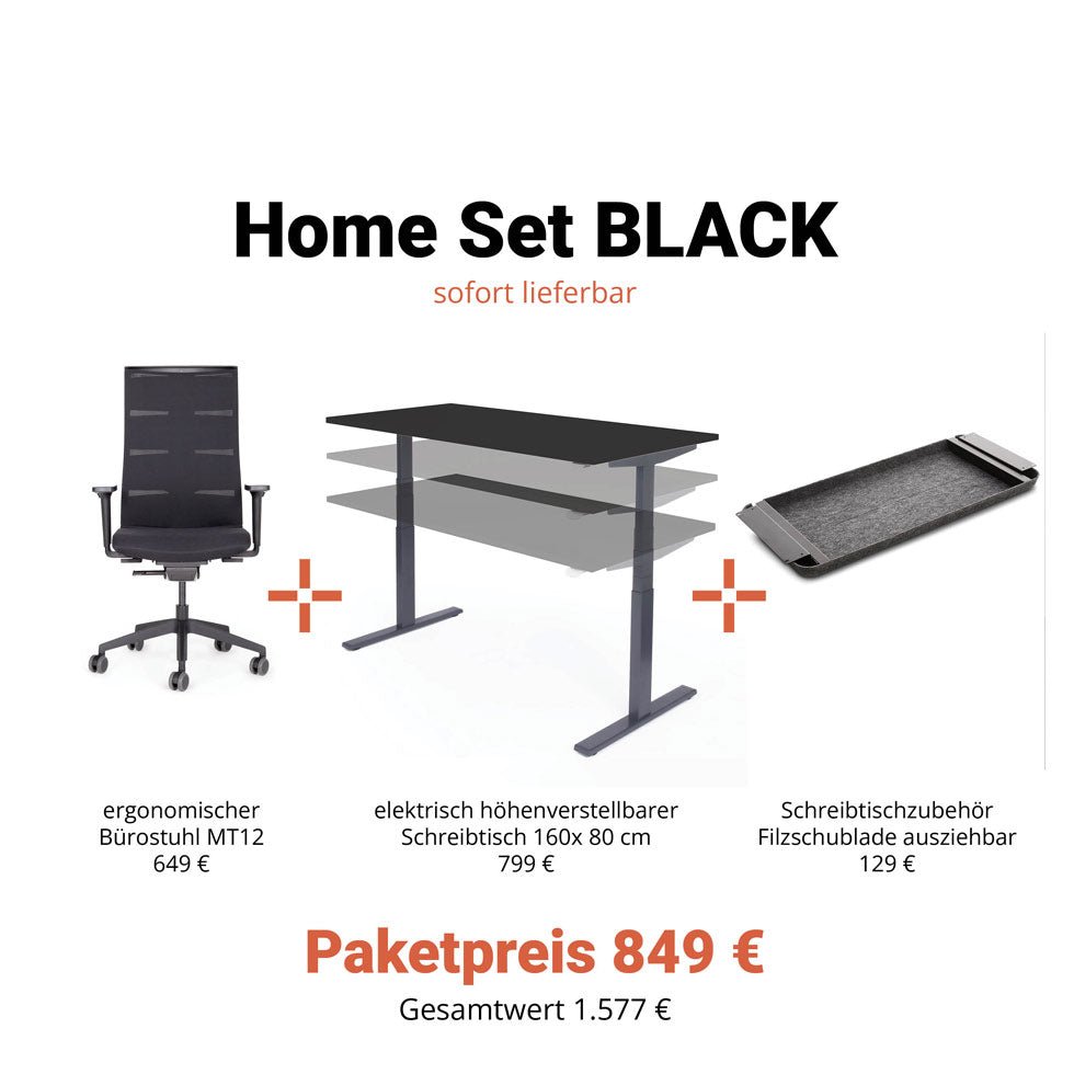 Büromöbel "HOME SET Black" - Höhenverstellbarer Schreibtisch + Ergonomischer Bürostuhl + Filz Schublade - Großer Preisvorteil - jetzt auf Rechnung kaufen 🇩🇪 - Büromöbel Plus