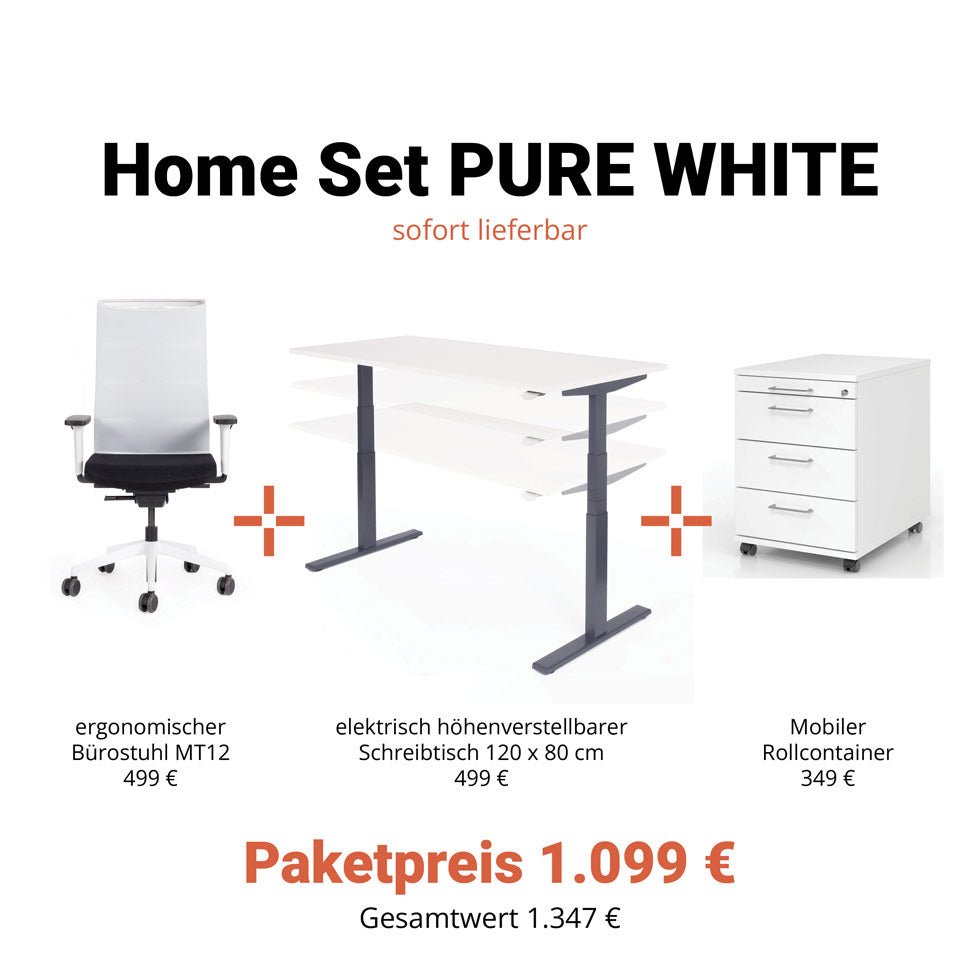 Büromöbel "HOME SET WHITE" - Höhenverstellbarer Schreibtisch + Ergonomischer Bürostuhl + Rollcontainer - Büromöbel Plus