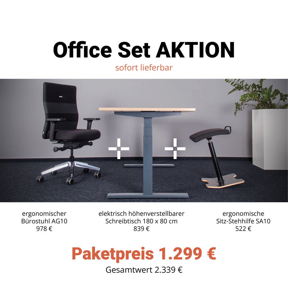 Büromöbel "Office Set" - Höhenverstellbarer Schreibtisch + Ergonomischer Bürostuhl + Bürohocker - Großer Preisvorteil - jetzt auf Rechnung kaufen 🇩🇪 - Büromöbel Plus