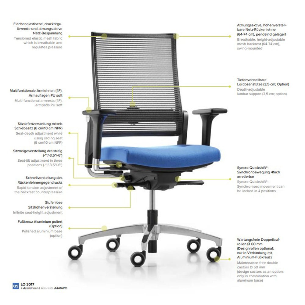 Ergonomischer Bürostuhl Dauphin LORDO FLEX LO 3017_SLP | Netzrücken | Schwarz - Büromöbel Plus