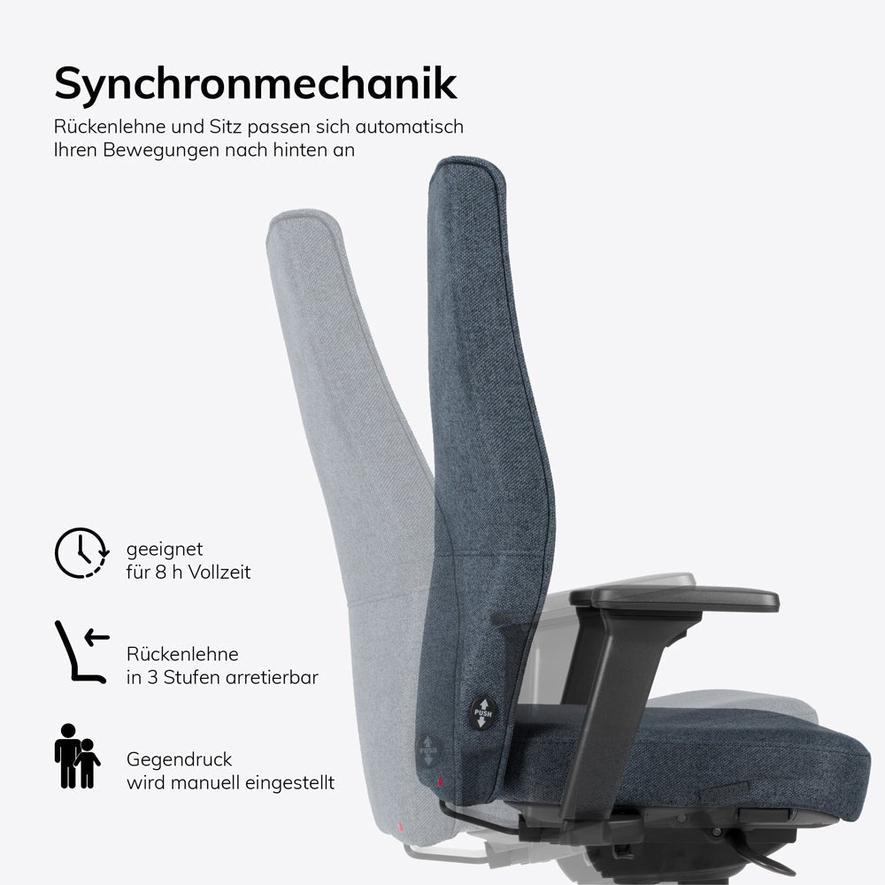 Ergonomischer Bürostuhl lento Genesis | Armlehnen | Schiebesitz | Lordosenstütze | Wollstoff - Büromöbel Plus