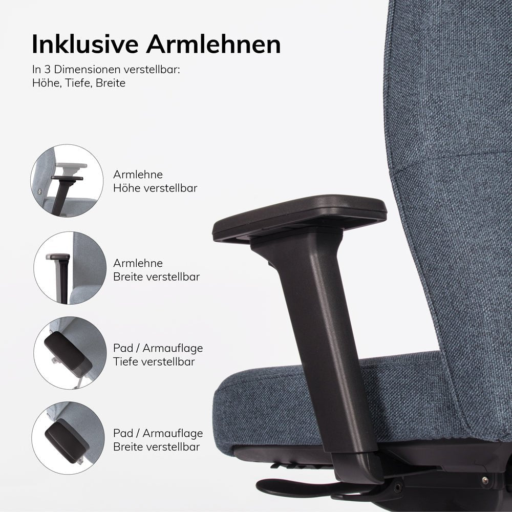 Ergonomischer Bürostuhl lento Genesis | Armlehnen | Schiebesitz | Lordosenstütze | Wollstoff - Büromöbel Plus