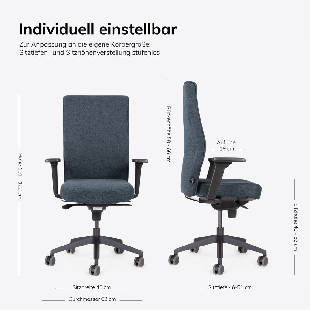 Ergonomischer Bürostuhl lento Genesis | Armlehnen | Schiebesitz | Lordosenstütze | Wollstoff - Büromöbel Plus