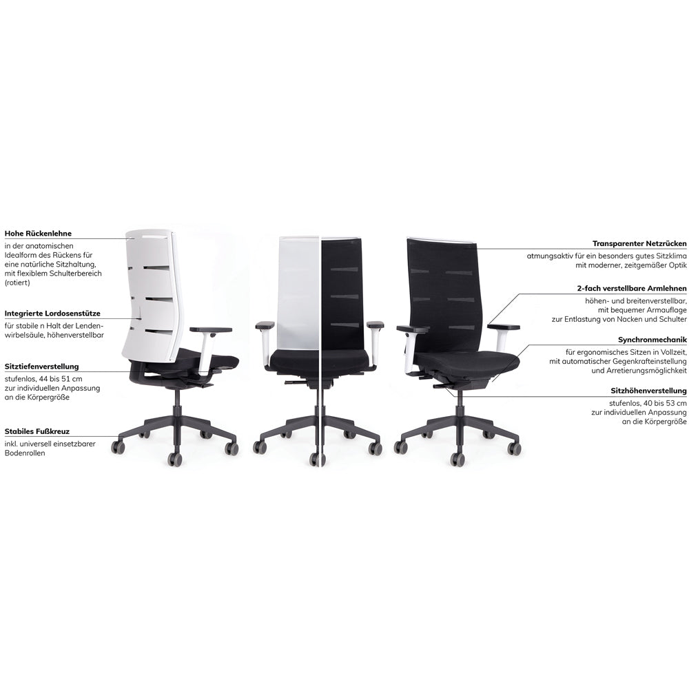 Ergonomischer Bürostuhl Netzrücken lento Agilis Matrix MT12 SONDER EDITION Pure Black - Büromöbel Plus