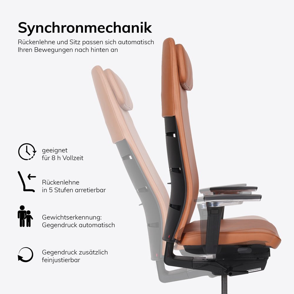 Ergonomischer Chefsessel Echtleder lento Matrix MT14 - DER CHEFSESSEL für entspanntes Arbeiten - Made in Germany - 30 Jahre Garantie - Büromöbel Plus