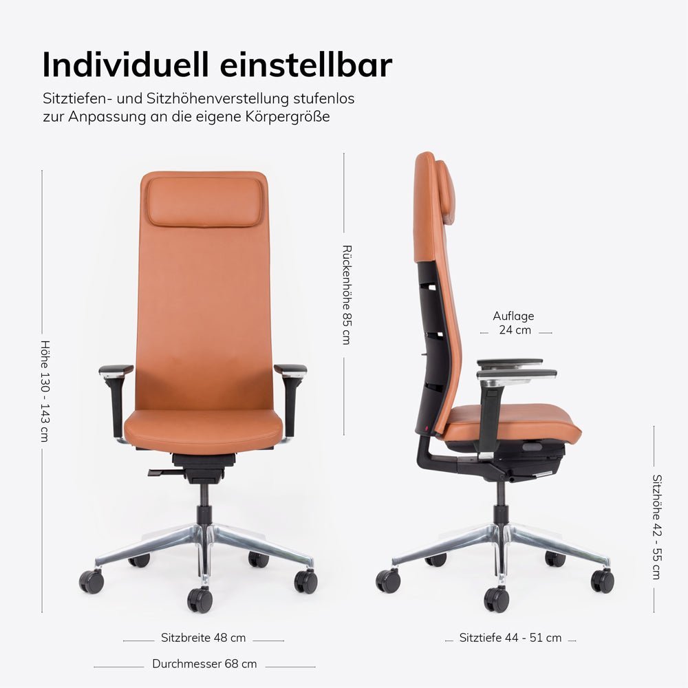 Ergonomischer Chefsessel Echtleder lento Matrix MT14 - DER CHEFSESSEL für entspanntes Arbeiten - Made in Germany - 30 Jahre Garantie - Büromöbel Plus