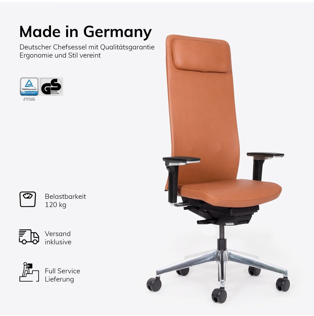 Ergonomischer Chefsessel Echtleder lento Matrix MT14 - DER CHEFSESSEL für entspanntes Arbeiten - Made in Germany - 30 Jahre Garantie - Büromöbel Plus