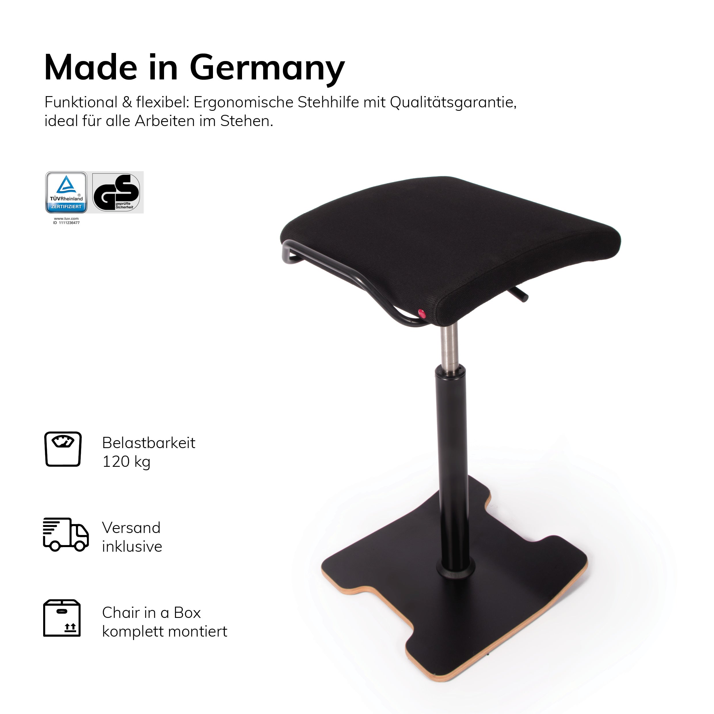 Ergonomischer Bürohocker Hocker - Stehhilfe mit Bodenwippe von der Marke: Lento - Modell: Sella Activa - verhindert Rückenschmerzen und Verspannungen - STOFF SCHWARZ - Made in Germany 🇩🇪
