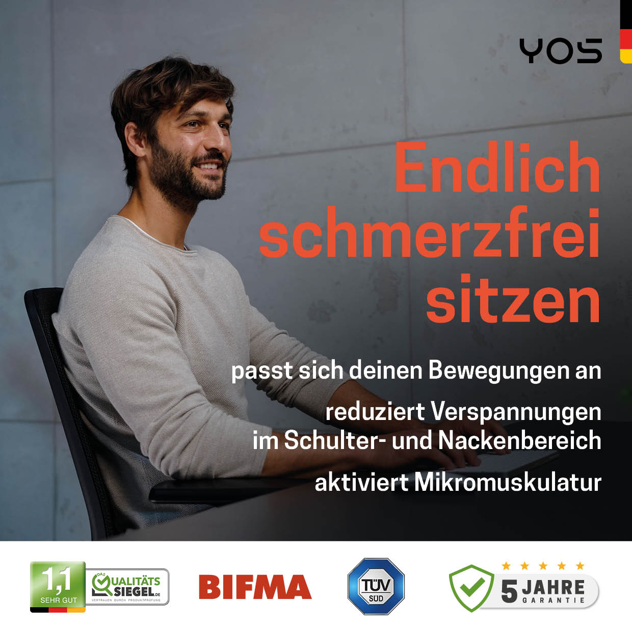 YOS S4 ergonomischer Bürostuhl | Aktiver Rücken gegen Rückenschmerzen | Perfektion aus Deutschland | Netzrücken