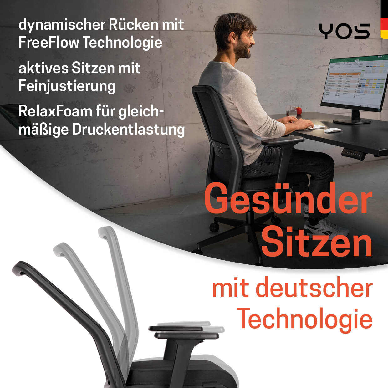 YOS S4 ergonomischer Bürostuhl | Aktiver Rücken gegen Rückenschmerzen | Perfektion aus Deutschland | Netzrücken