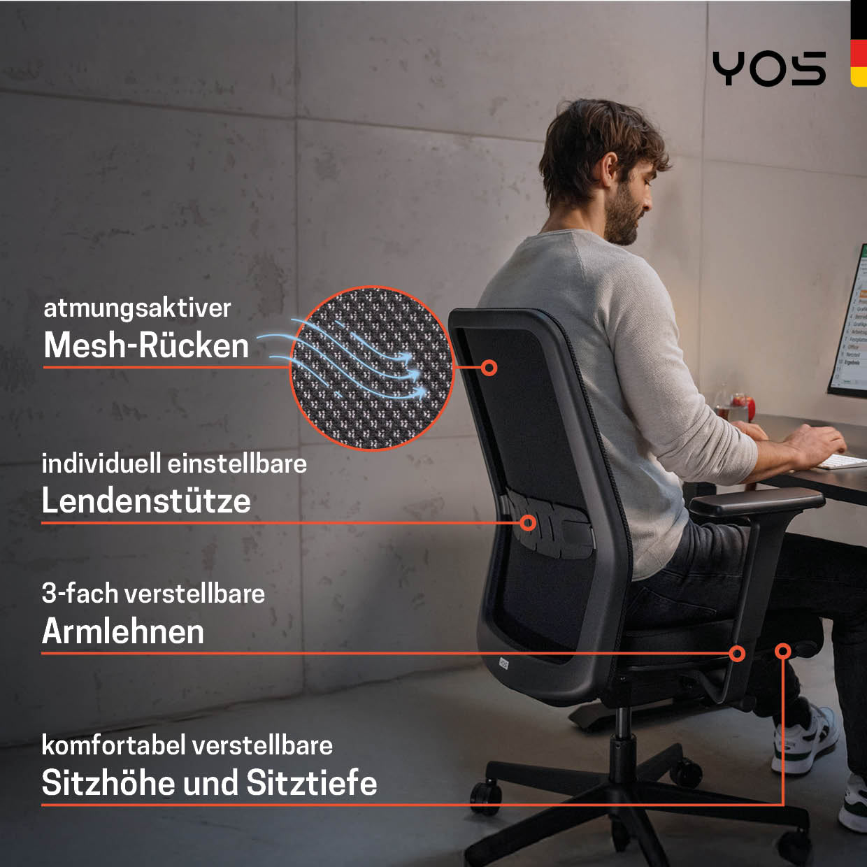 YOS S4 ergonomischer Bürostuhl | Aktiver Rücken gegen Rückenschmerzen | Perfektion aus Deutschland | Netzrücken