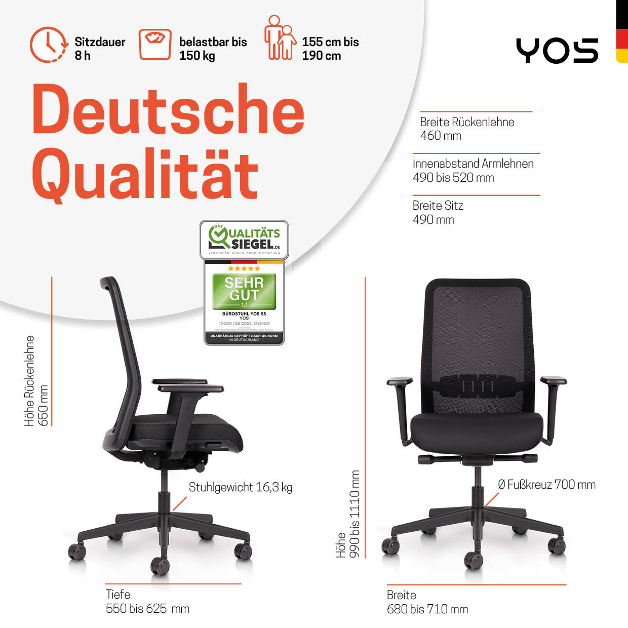 YOS S4 ergonomischer Bürostuhl | Aktiver Rücken gegen Rückenschmerzen | Perfektion aus Deutschland | Netzrücken