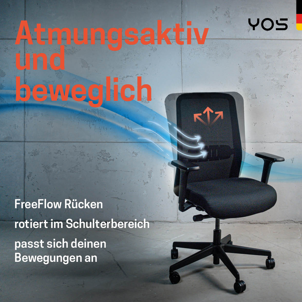 YOS S4 ergonomischer Bürostuhl | Aktiver Rücken gegen Rückenschmerzen | Perfektion aus Deutschland | Netzrücken