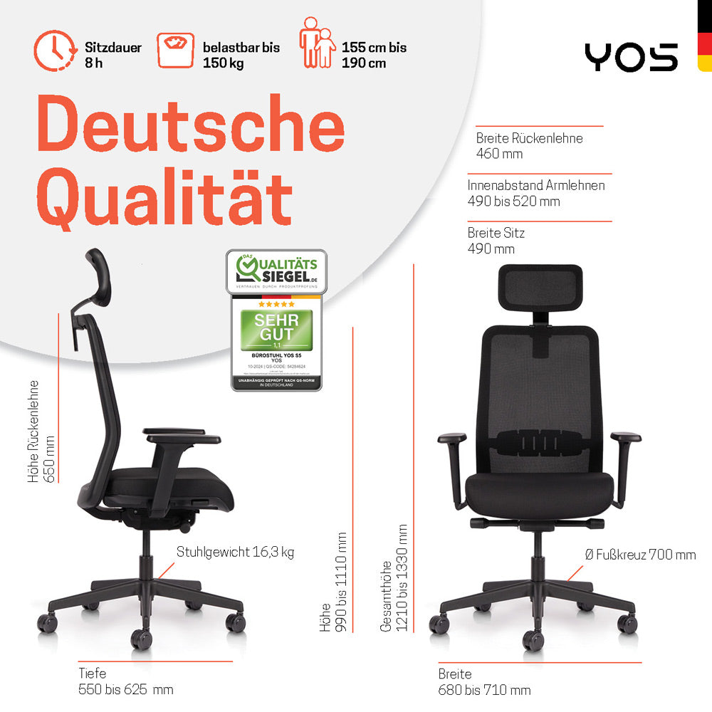 YOS S5 ergonomischer Bürostuhl | Blade Wheels | mit Kopfstütze