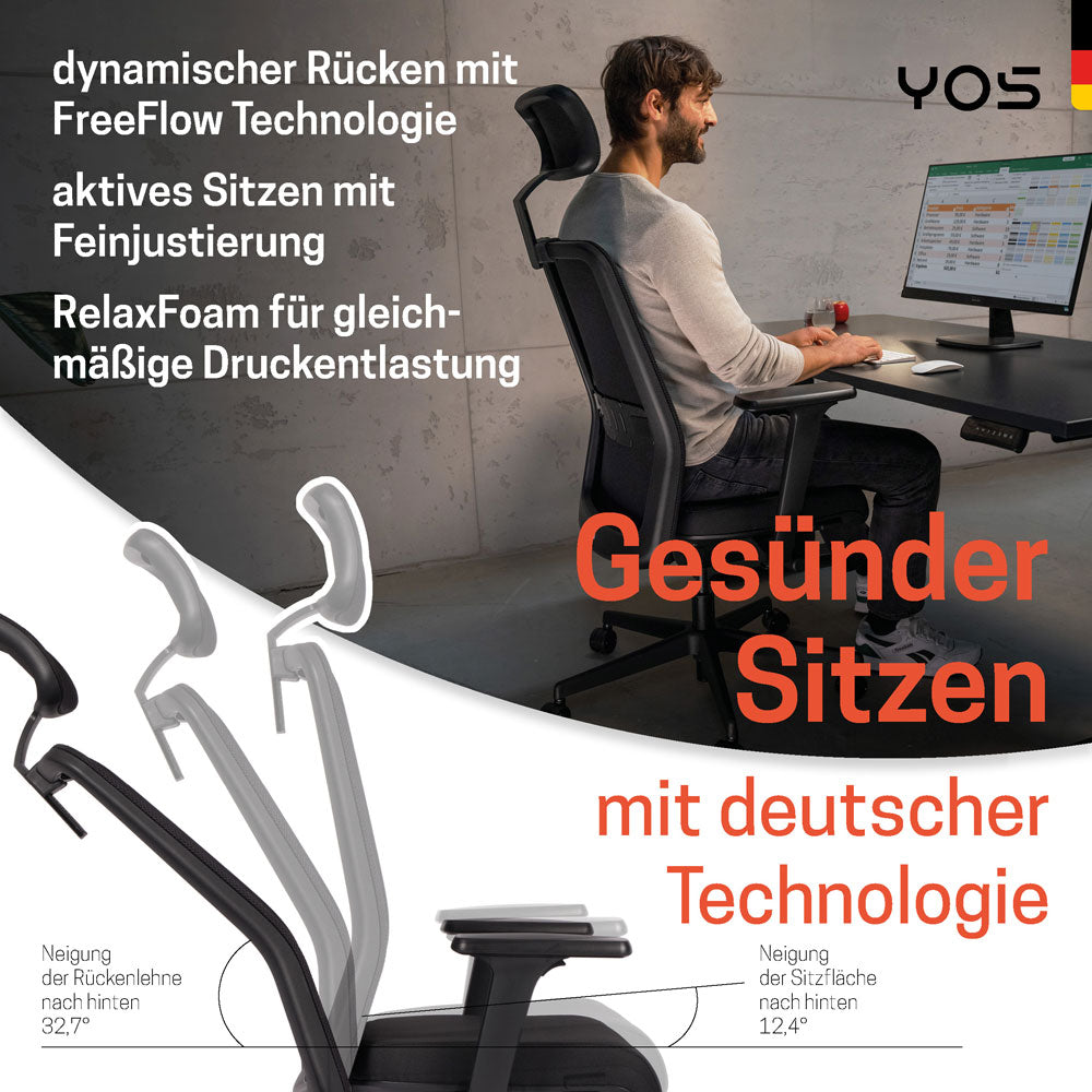 YOS S5 ergonomischer Bürostuhl | Kopfstütze | Perfektion aus Deutschland | Netzrücken