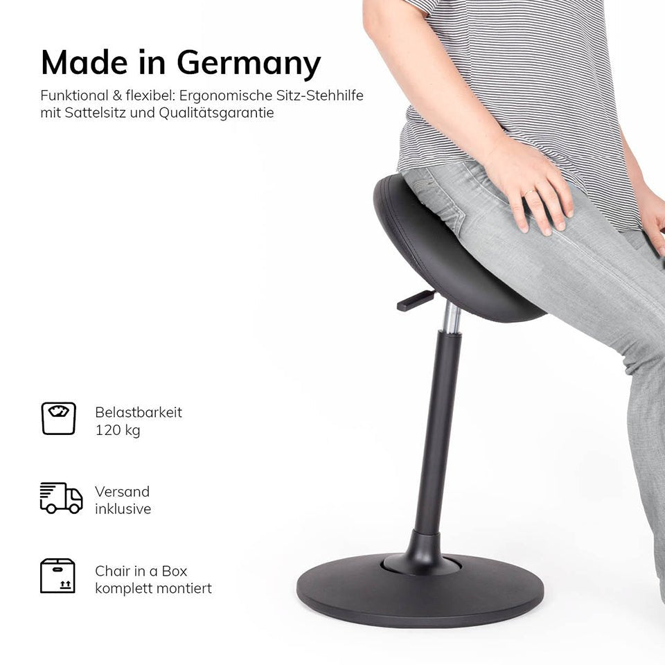 Stehhilfe - Ergonomischer Pendelhocker Lento Sella / Sattelsitz / Stehhocker für einen gesunden Rücken - Kunstleder Antibakteriell - Büromöbel Plus